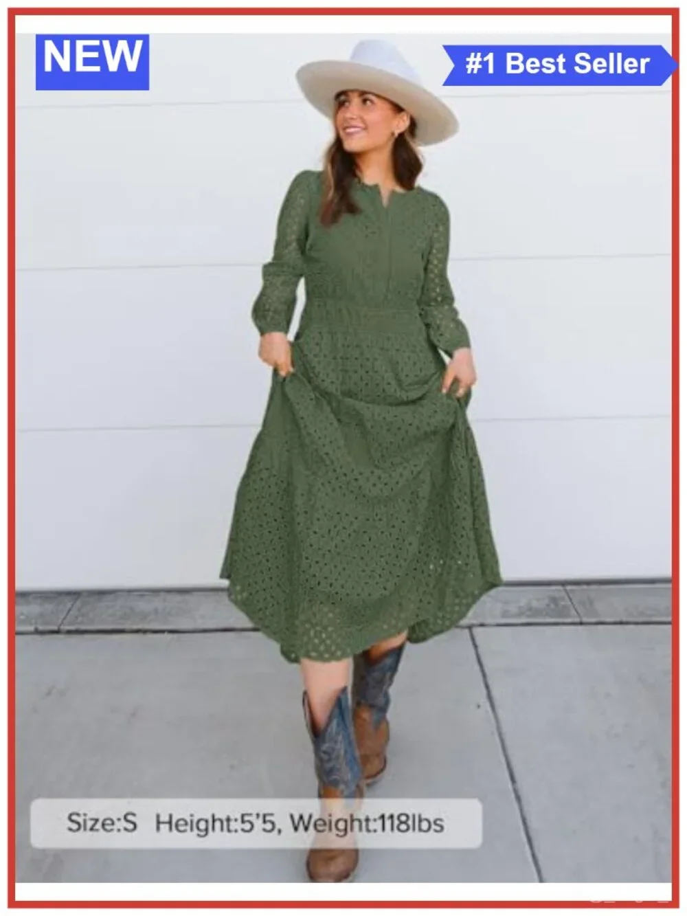 Long Sleeve Eyelet Maxi Dress V-Neck A-Line Flowy Swing Dress